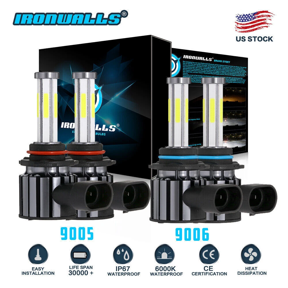 6 Sides 9005 9006 LED Headlight Bulbs Kit High Low Beam 6500K Super Bright White