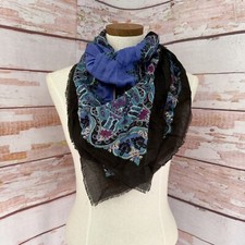 Vintage Black  Blue Paisley Square Scarf Black Boho By Glentex