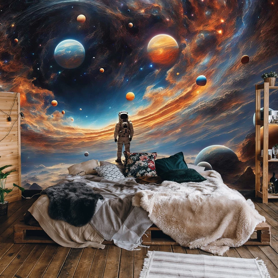 Astronauta 312x219cm Niños Dormitorio Papel Pintado Mural Decoración Hogar Planetas Cosmos Foto 2 de 4