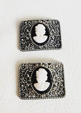 Vintage Signed Tip Toe Black  White Cameo Shoe Clips Silver Tone Floral