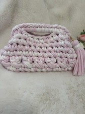 Handmade Pink & White Colourblock Crochet Top Handle Clutch Bag with Tassel