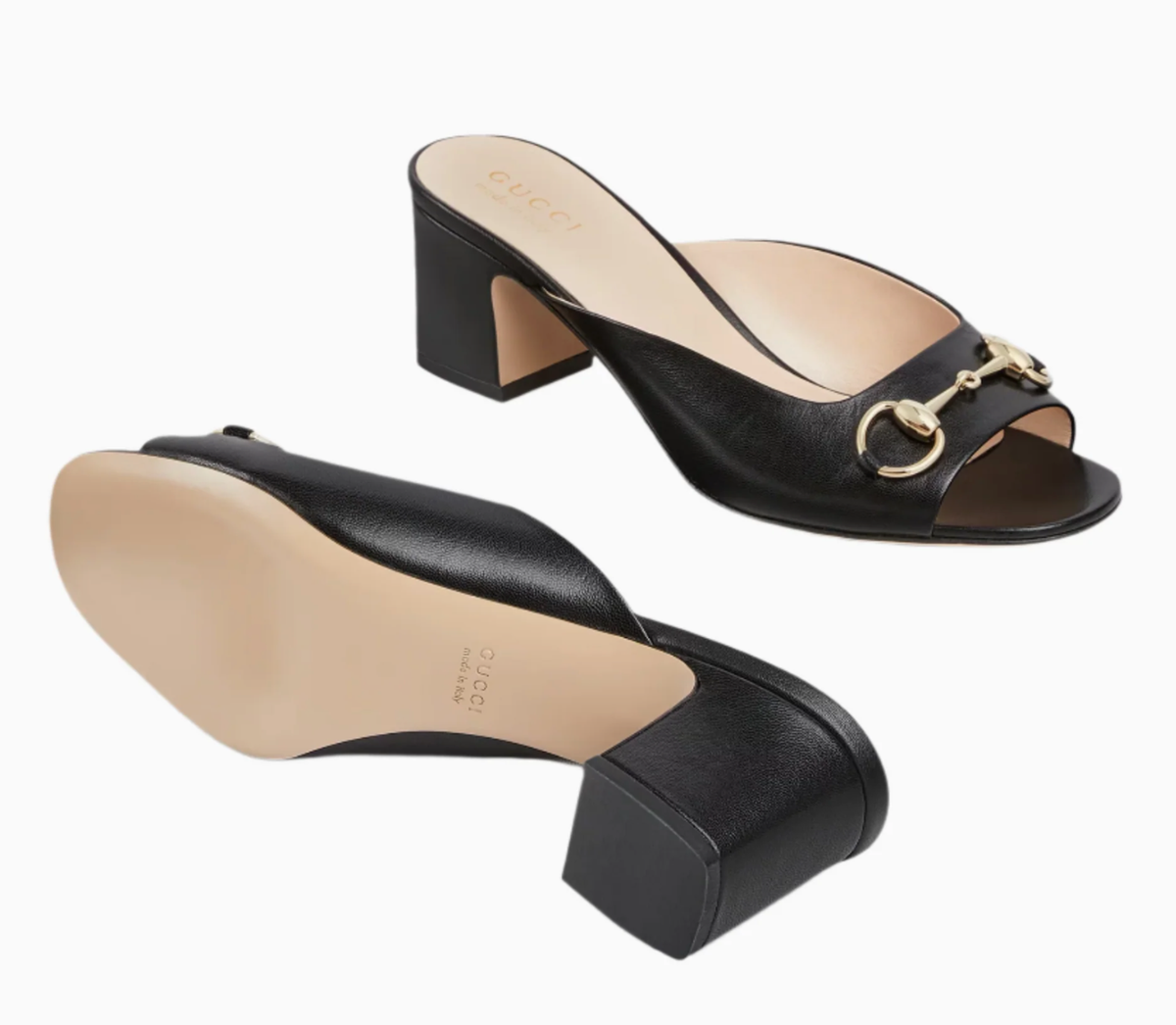 Gucci Lady Horsebit 55mm Black Leather Gold Logo Block Heel Mule