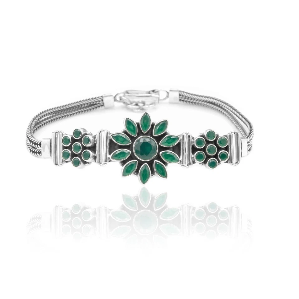 Pulsera de ónix de plata de ley 925 con piedras preciosas verdes naturales hecha a mano joyería boho Foto 2 de 3