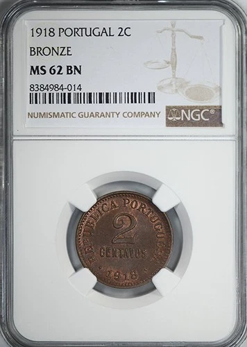 1918 Portugal 2C Centavos Bronze NGC MS62BN