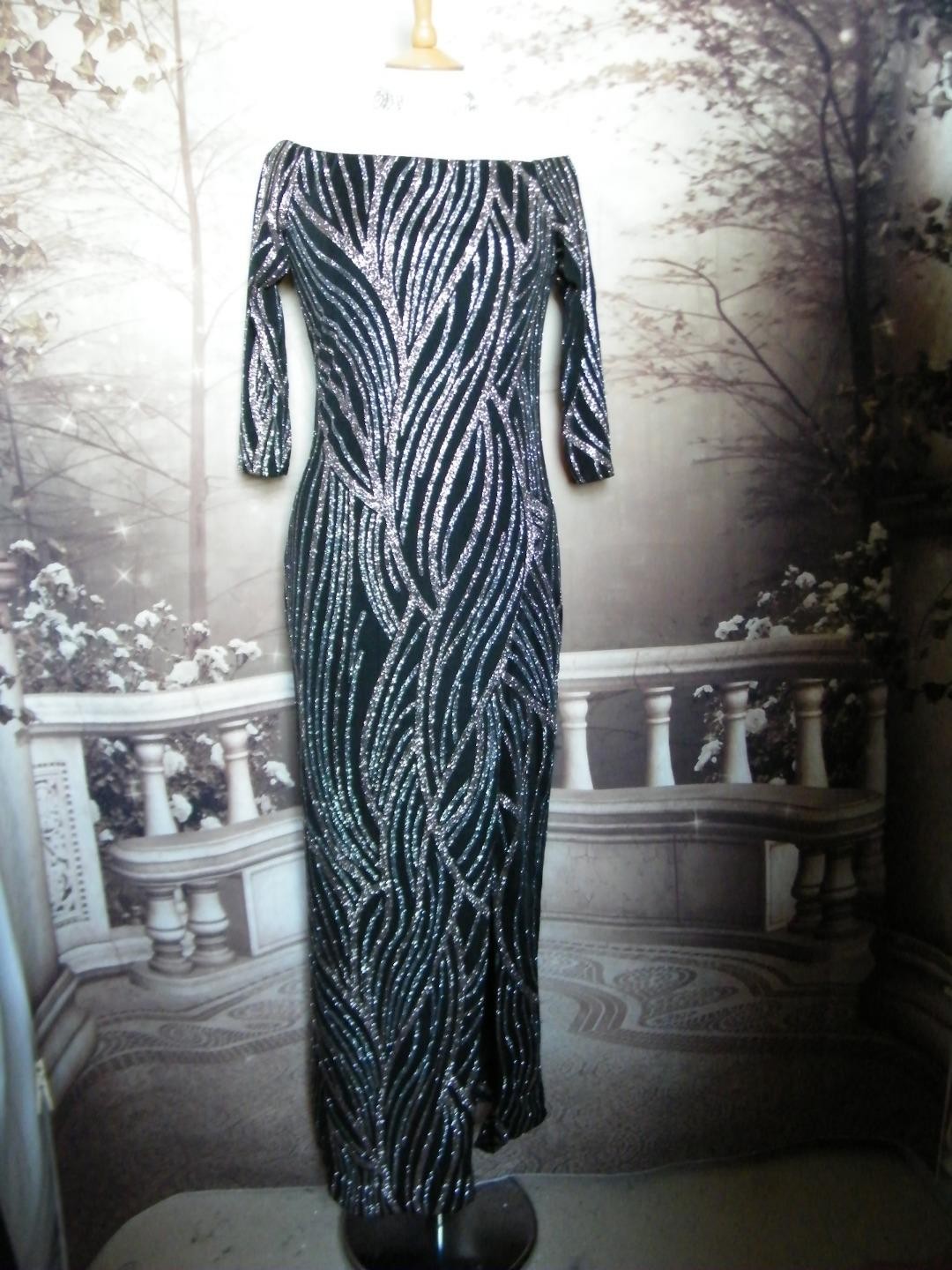 Quiz Maxi Evening Dress 10 Black Bodycon Gold Silver Glitter Bardot Long Sleeves