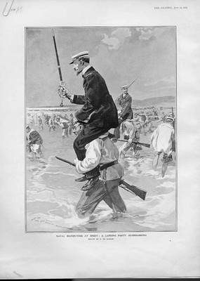 Original alter antiker Druck Marine Landung bei Brest 1905 Menschen Schiffe 20.