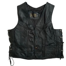 VTG Harley Davidson Black Leather Motorcycle Vest Eagle Patch Lace Up Biker Moto