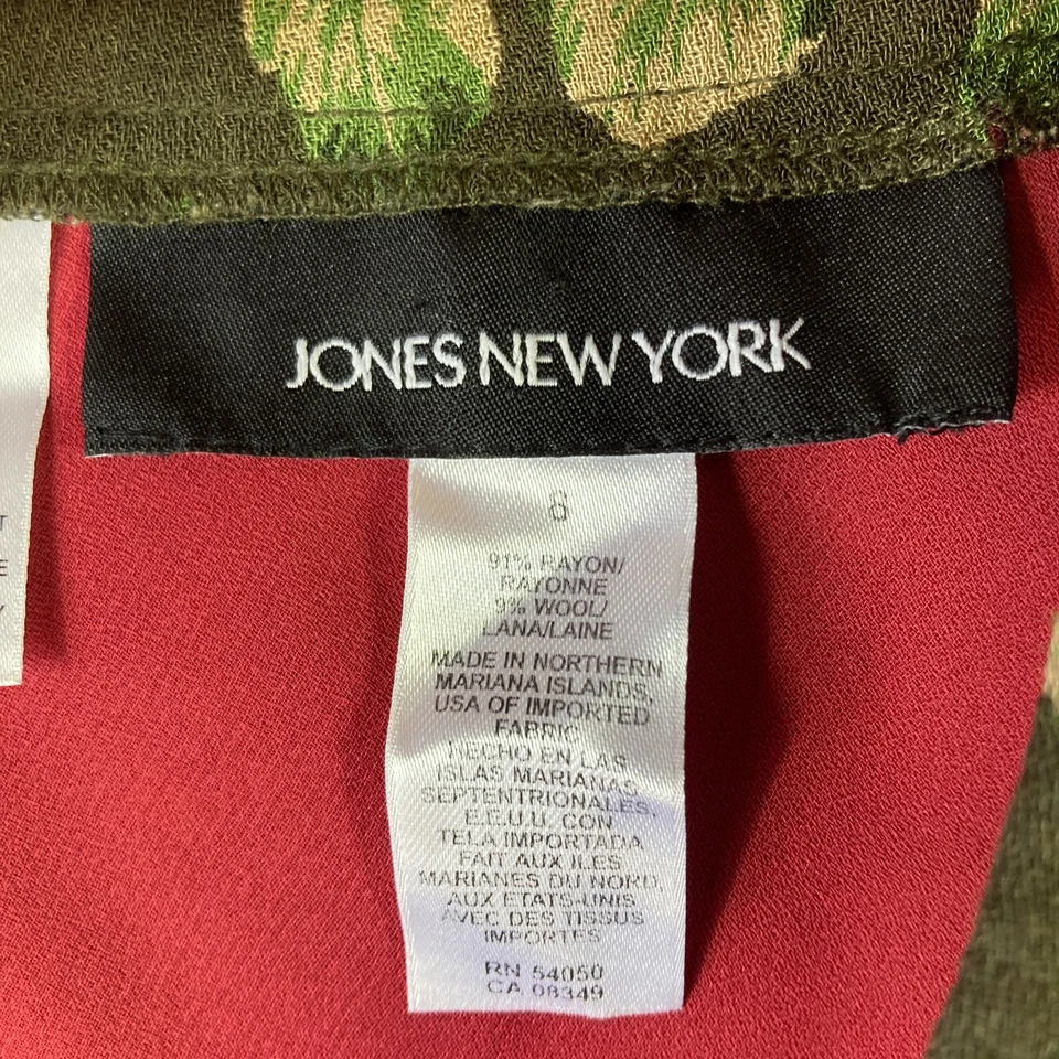 复古 Jones New York 羊毛混纺裙女式 8 橄榄绿色花卉玫瑰 — 第 2/4 张图片