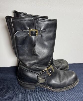 Men's Black Leather Biker Motorcycle Boots Mid-Calf Buckle Size 8.5 E