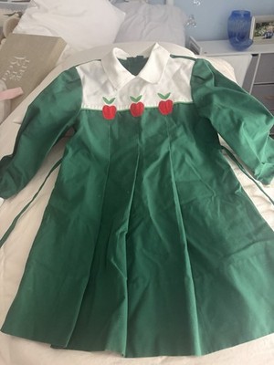 VintageFlorence Eiseman Girls 4T Green A-Line Collared Long Sleeve Apple Dress