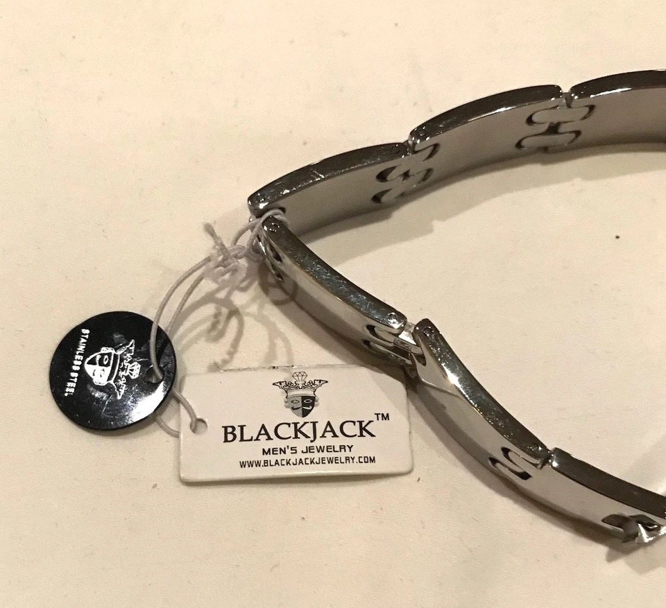NUEVO CON ETIQUETAS $99.99 BLACKJACK Pulsera de eslabones de acero inoxidable para hombre con circonita cúbica BJB173W Foto 4 de 4