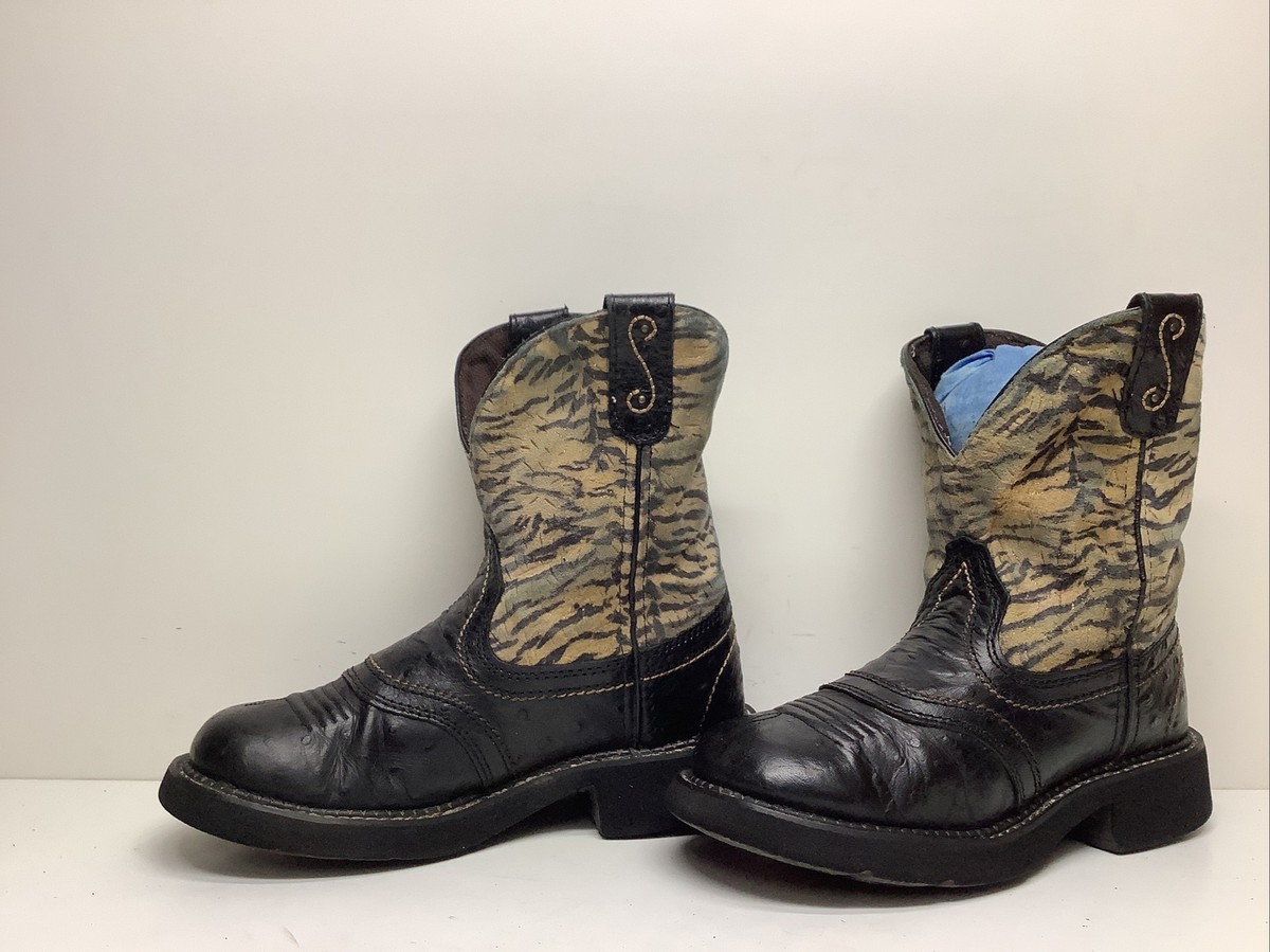 VTG WOMENS JUSTIN COWBOY OSTRICH PRINT BLACK BOOTS SIZE 6 B  display picture 2