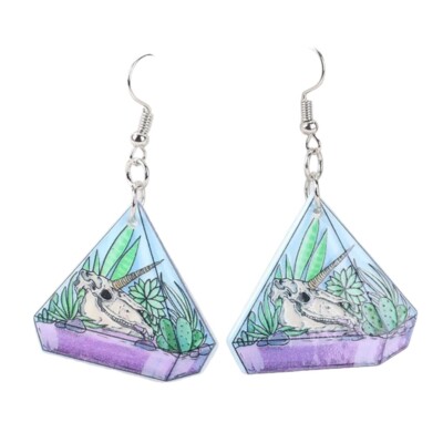 New Pastel Goth Unicorn Skull Terrarium Drop Earrings Succulent Cactus Purple