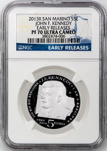 San Marino 2013R 5 Euro, John F. Kennedy Early Release - NGC PF 70 Ultra Cameo