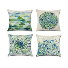 Set of 4 Pillow Covers 18x18, Modern Geometric Green Pattern Style Linen Fabric