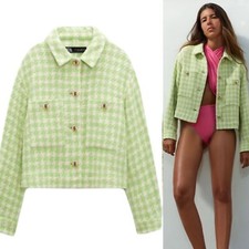 NWT Zara Green  White Houndstooth Tweed Gold Button Crop Jacket Blazer - Small