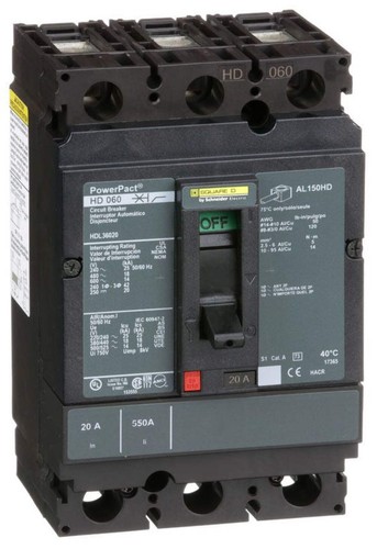 HDL36020AA - Square D 20 Amp 600 Volt 3-Pole H-Frame Molded Case Circuit Breaker - Picture 1 of 2