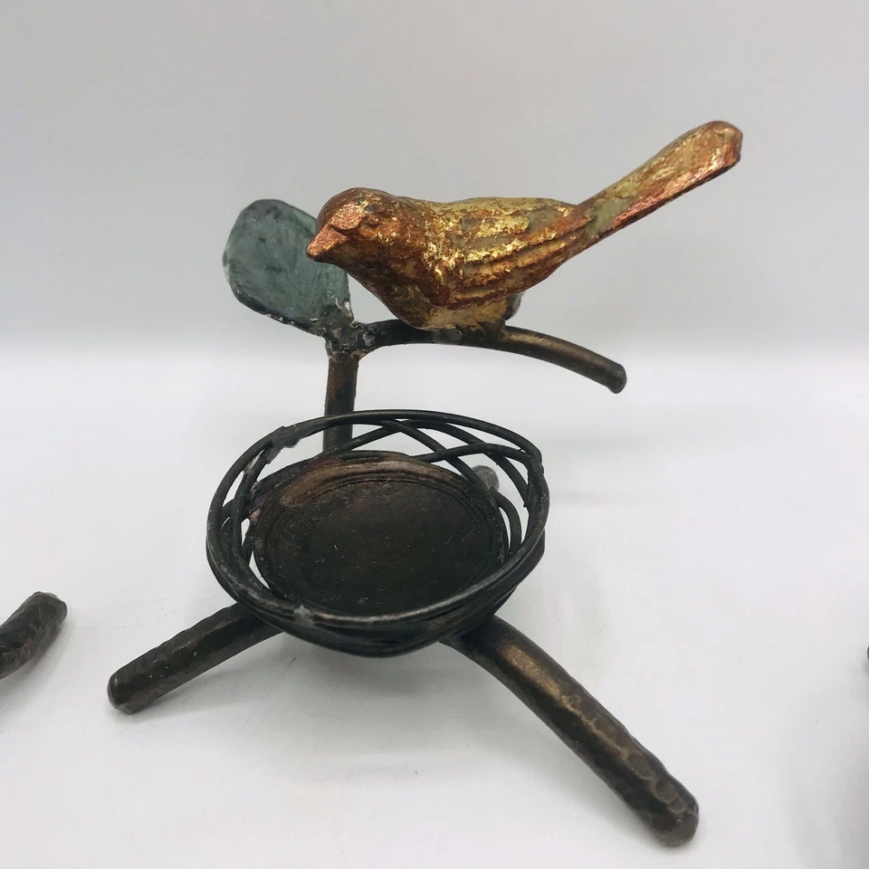 Vintage Ninho de Pássaro Bronze Flores de Pássaro Luz de Chá Suporte de Vela Conjunto de 3 MCM - Imagem 3 de 4