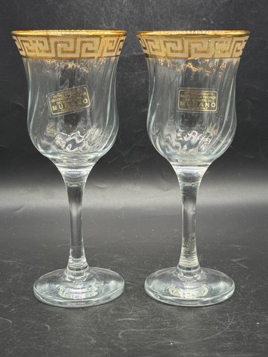 2, Murano glass, wine glasses, swirl coupe, gold Greek Key pattern on rim - Picture 6 of 10