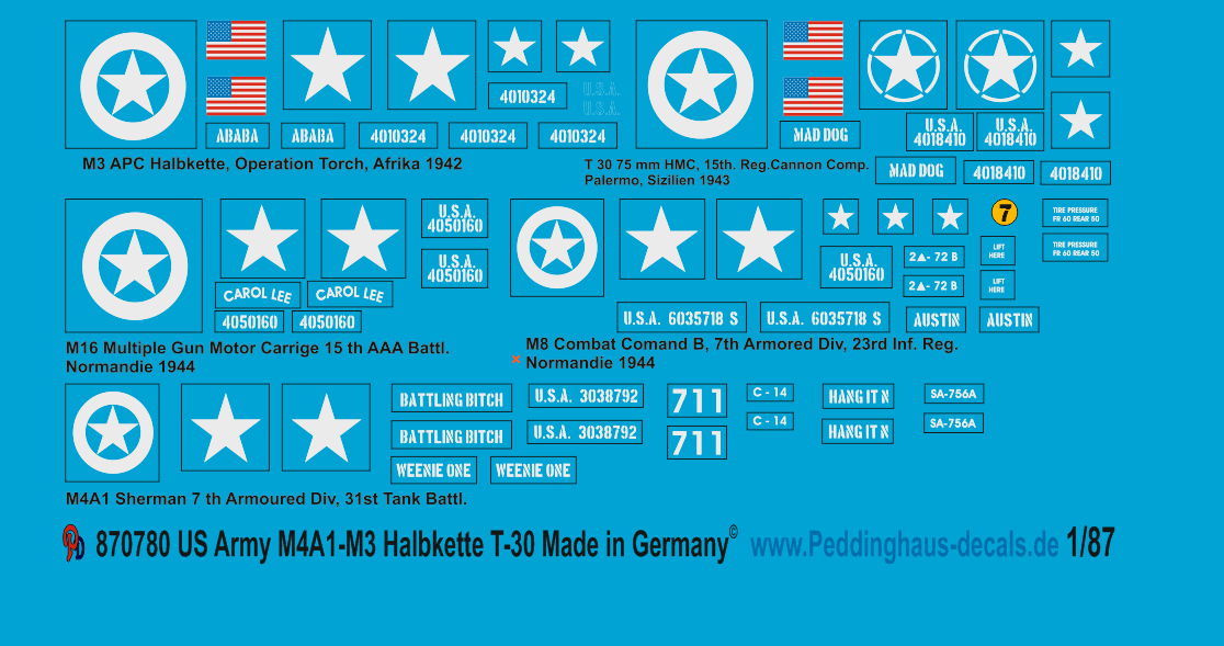 Peddinghaus Decals 1/87 0780 US Army Markings M3- M8 and Sherman M4A1