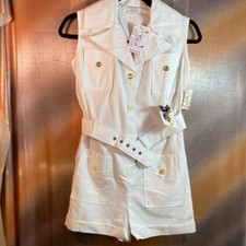 Vintage 70  s Button Up One Piece Romper Shorts Sleeveless White Size 8 NWT