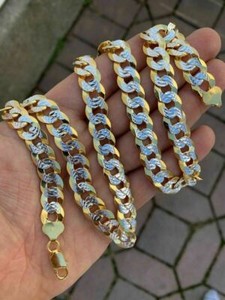 Authentic Mens Diamond Cut 11mm Miami Cuban Chain 14k Gold Plated Solid 925 Silver TwoTone