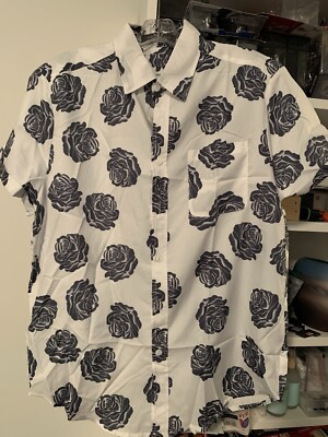 *Two Sided - Mens M White Flower Button Up Short Sleeve Shirt - Polyester - New
