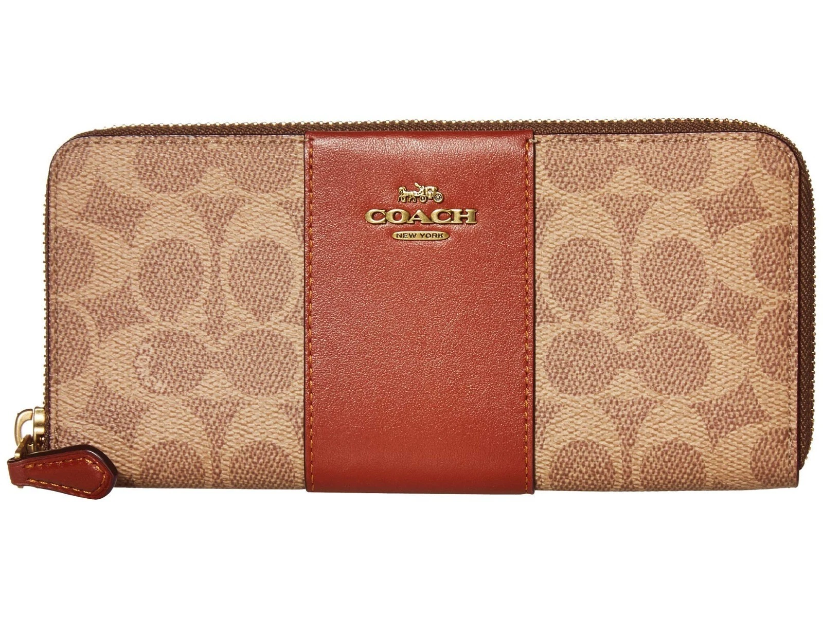 COACH Color Block tela rivestita firma sottile fisarmonica zip marrone ruggine ottone uno