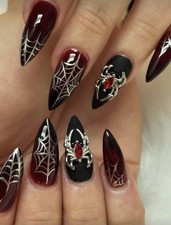 24pcs Halloween Almond Press-On Nails Black Red Gradient Spider Web Design