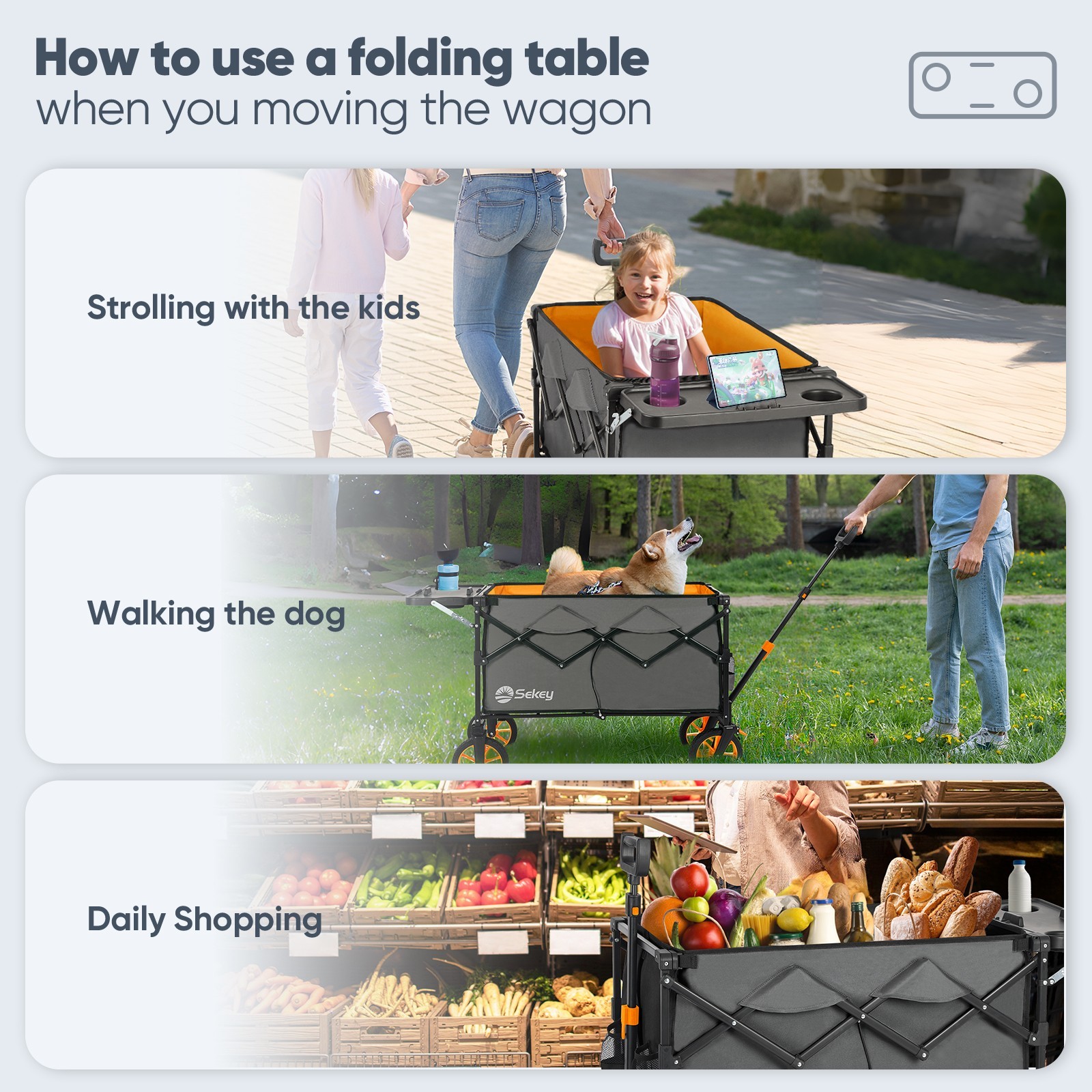 Sekey 250L Collapsible Wagon with Table, Drink Holders, All-Terrain Wheels