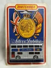1977 LESNEY MATCHBOX SILVER JUBILEE MATCHBOX SOUVENIR DOUBLE BUS SILVER ON CARD