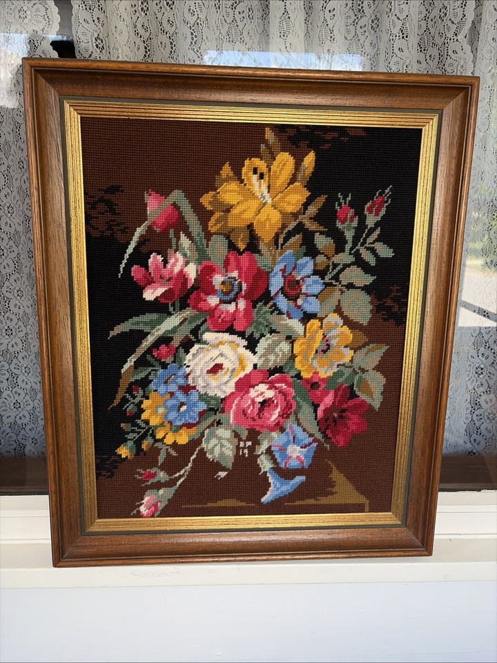 Vintage Framed Floral Needlepoint Wall Art Completed Handmade Tapestry Bouquet