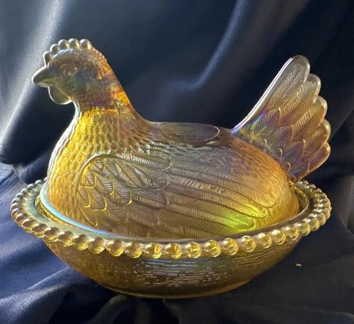 RARE Vtg Indiana Glass 7” Hen on Nest - Golden Carnival Amber Iridescent- MINT