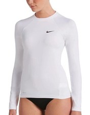 Nike Swim Women's Dri Fit Long Sleeve Hydo Rash Guard Shirt UPF 40 White L