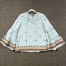 Figueroa  Flower Blouse Womens M Boho Embroidered Bell Sleeve Tie Light Blue
