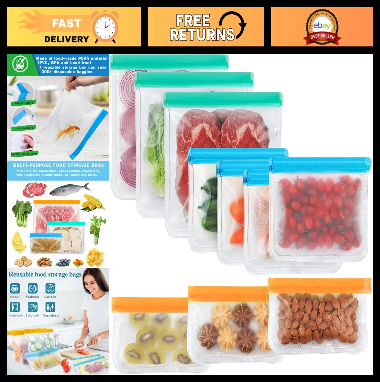 10 Pack Reusable Silicone Freezer Bags - Leakproof, BPA-Free, Dishwasher Safe, 3