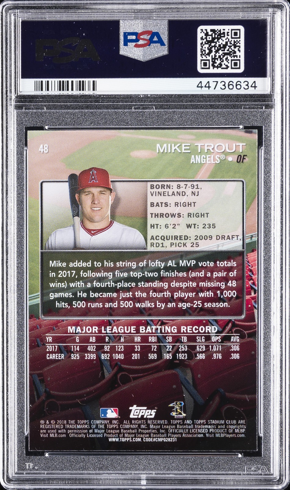 2018 TOPPS STADIUM CLUB #48 MIKE TROUT PSA 10 view 2