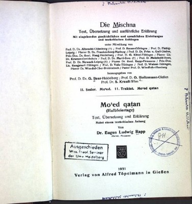 Mo'ed qatan (Halbfeiertage); Text, Übersetzung und Erklärung, nebst einem kritis