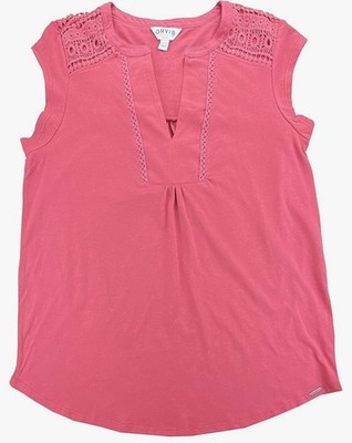Orvis Anna Crochet Lace Insets Relaxed Fit Top V-Neck,