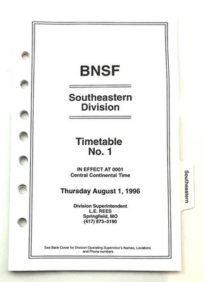 1st BNSF Southeastern division ETT #1  08/01/1996 BNSF Railway no logo