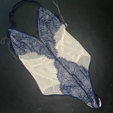 NWT Victoria's Secret M TEDDY one-piece BEIGE NAVY BLUE lace mesh