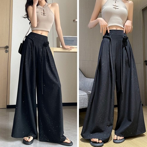 Women Business Wide-Leg Suit Trousers Pleated Dress Pants Loose Tasseled Office - Picture 10 of 23