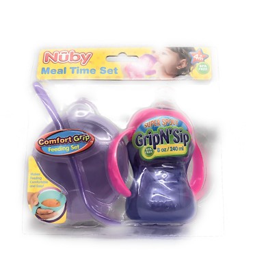 Nuby 4 Piece Infant Mealtime Set, Covered Bowl, Spoon & Grip N Sip Cup 4+ Months