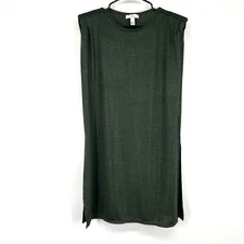 H by Halston Top Womens Size Small Tunic Green Sleeveless Shoulder Pads Slits