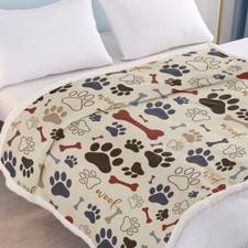 Dog Paw Bone Brown Fleece Blanket Throw 50"x60" Pet Dog Paw Prints