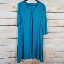 Boutique Dress Size 2X Teal Stretchy Rayon Asymmetrical Hem Tie Bust 3/4 Sleeve