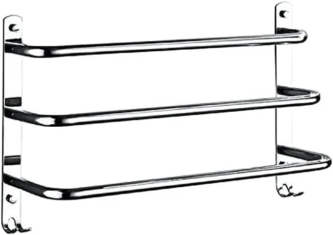 HONPHIER 60cm 3 Tier Wall Mounted Stainless Steel Towel Holder Rail Rack w/Hooks - Chrome