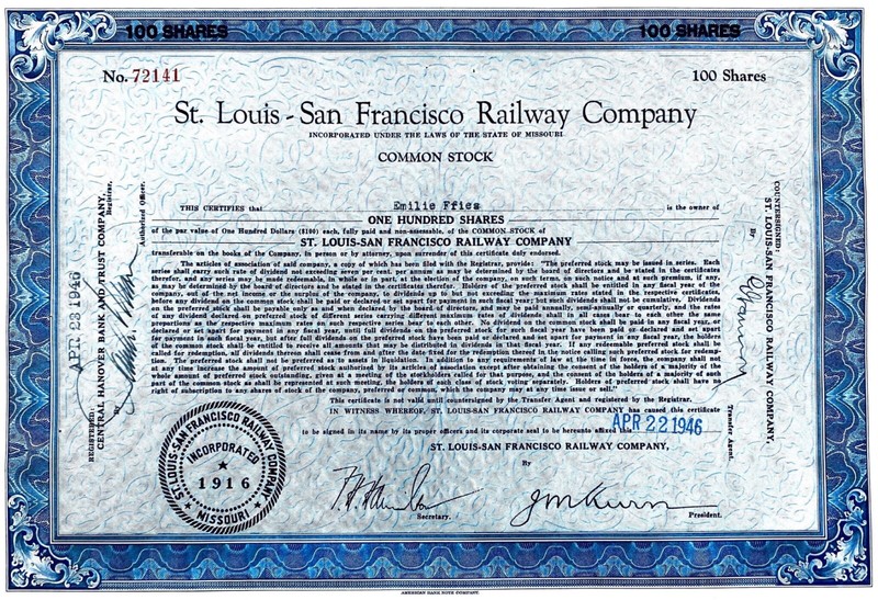 railroad stock certificates - St. Louis and San Francisco Railway Company