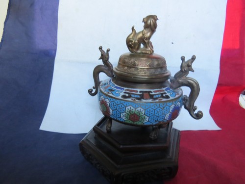 Very Fine Antique Vintage Asian Chinese Cloisonne Incense Burner Foo Dog Finial - Picture 12 of 12