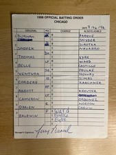 7/16/98 Jerry Manuel White Sox Signed Game Used Lineup Umpire Card B358